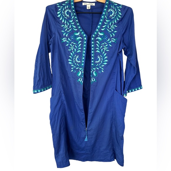 Oscar de la Renta Blue Embroidered Mini Resort Caftan Zipper Dress Cover up XS - Picture 4 of 5